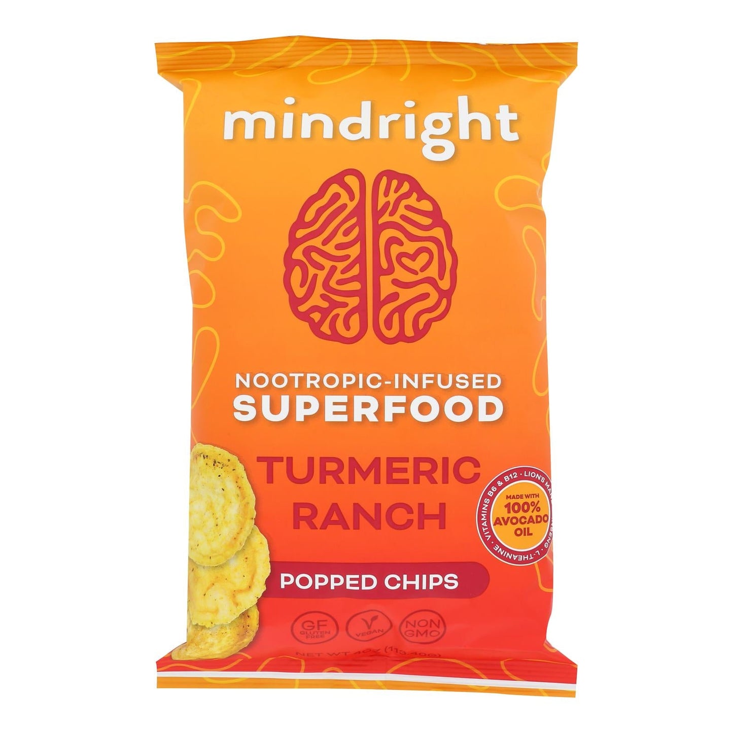 Mindright Turmeric Ranch Popped Chips - Case of 12 - 4 Ounce Packs