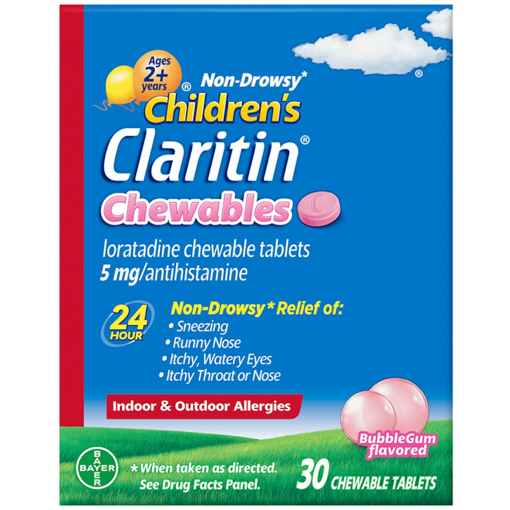 Children's Claritin 24-Hour Non-Drowsy Allergy Relief, 5mg Loratadine, Bubble Gum Flavor, 30 Chewable Tablets