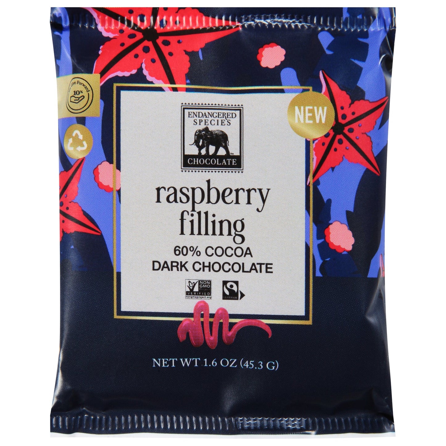 Endangered Species Dark Chocolate Raspberry 60% Cacao, 1.6 oz Bars, 12-Count