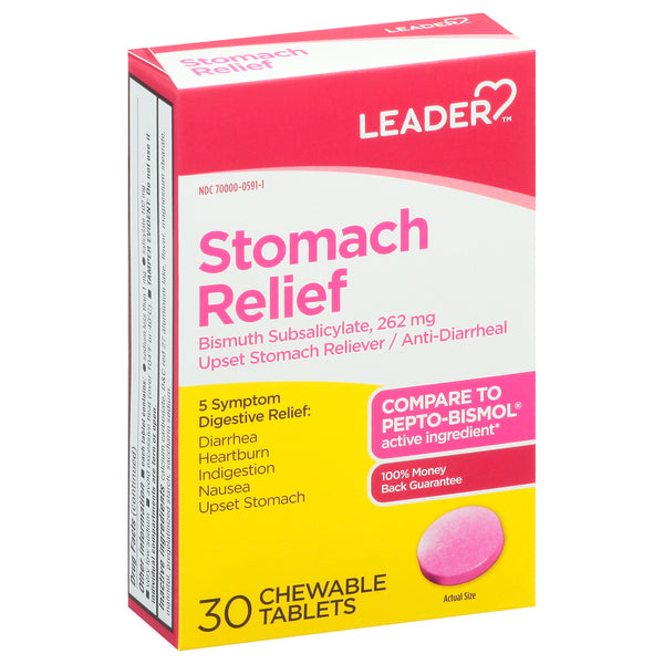 Leader Stomach Relief Bismuth Subsalicylate 262 Mg Chewable Tablets 30Ct