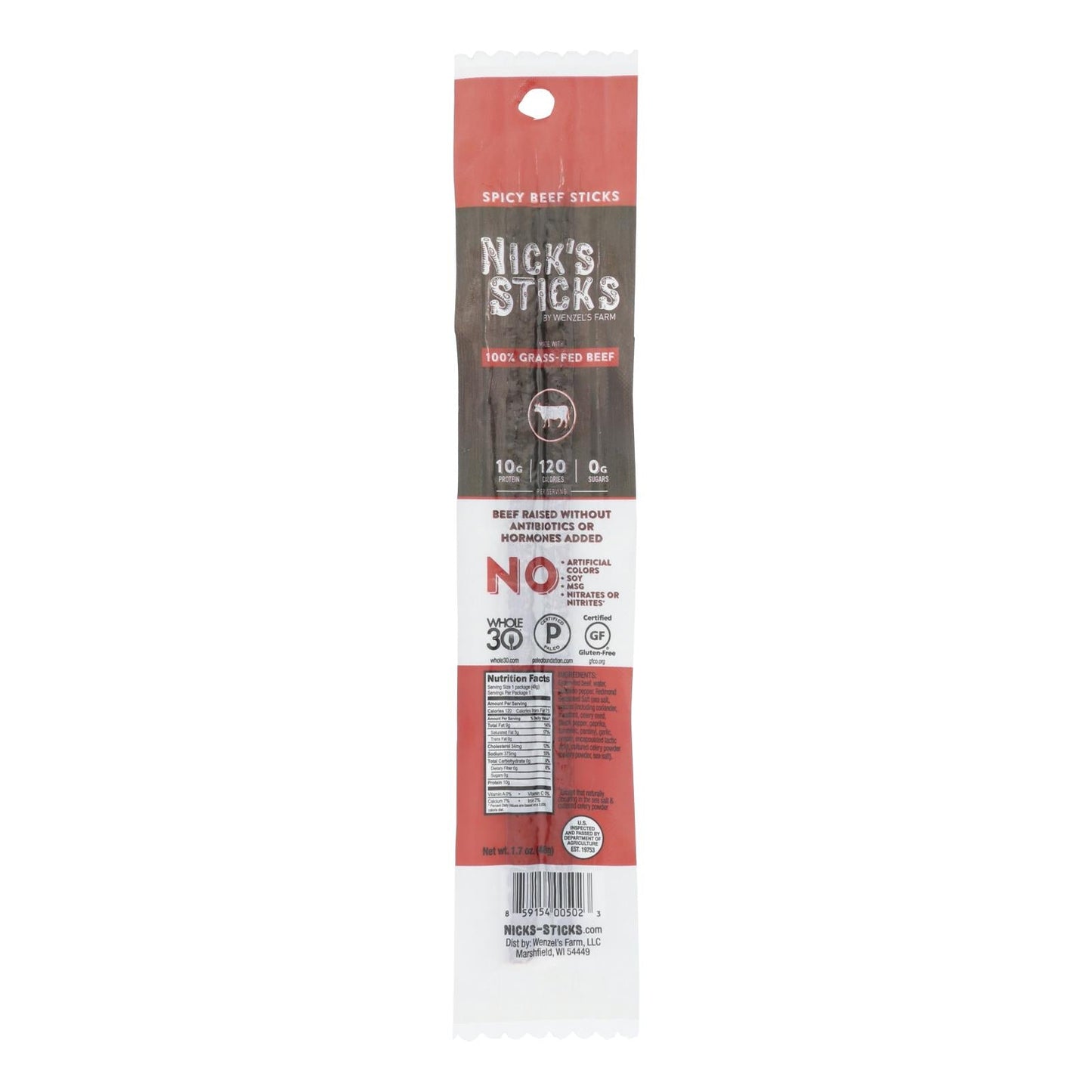 Nick's Sticks Spicy Grass-Fed Beef Snack Sticks, Gluten-Free, Keto/Low-Carb, 25-Pack (1.7 Oz)