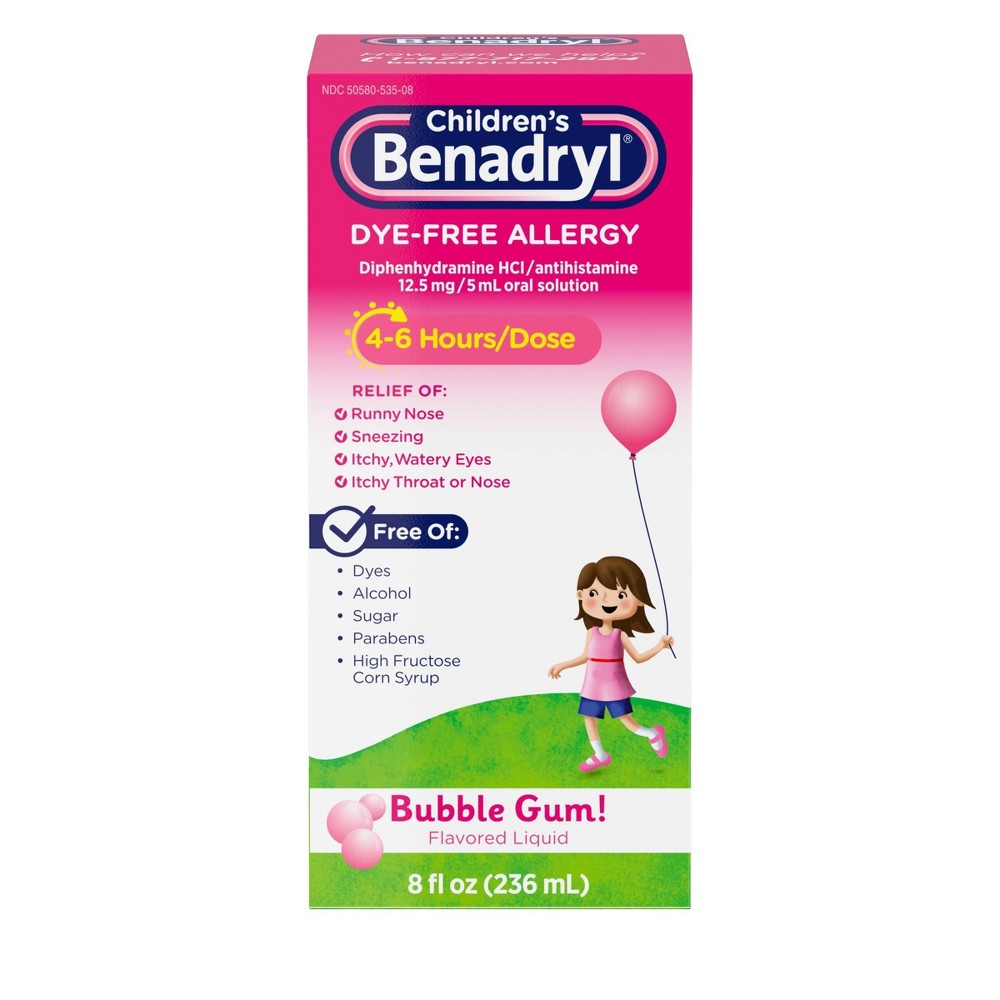 Benadryl Children's Liquid Dye- Free,Bubble Gum! Flavored Allergy 8 Fl Oz