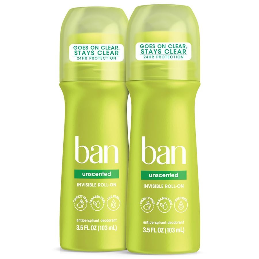 Ban Roll-On Antiperspirant Deodorant, Unscented, 3.5 oz (Twin Pack)