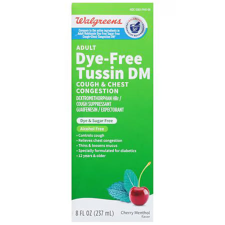 Walgreens Adult Tussin DM Cough & Chest Congestion, Sugar-Free & Dye-Free, Cherry Menthol, 8 fl oz