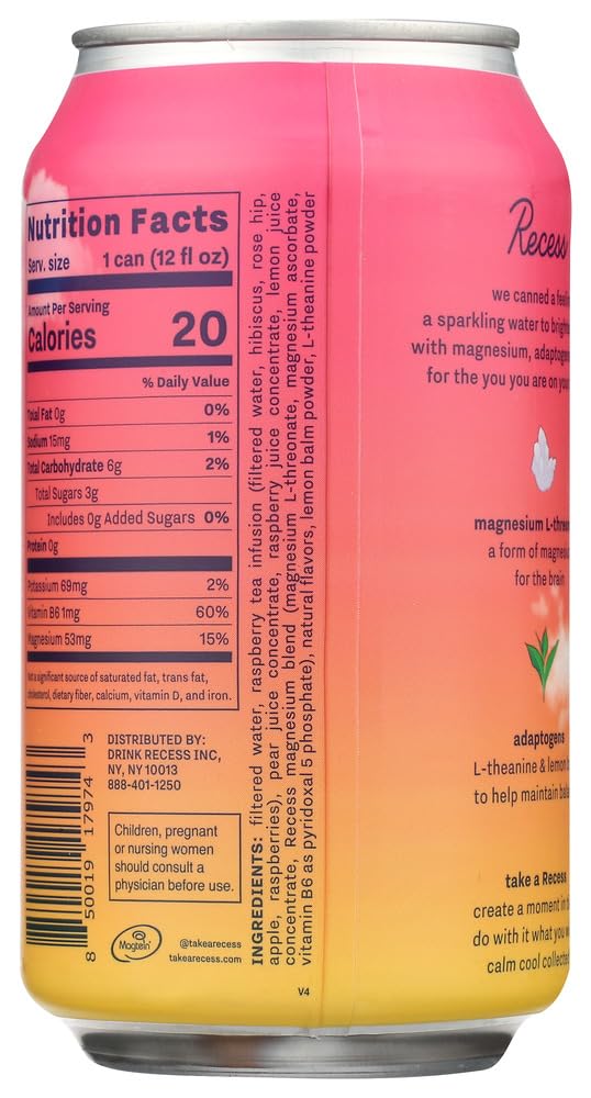 Recess Sparkling Water, Raspberry Lemon Magnesium, Case of 12, 12 fl. oz.