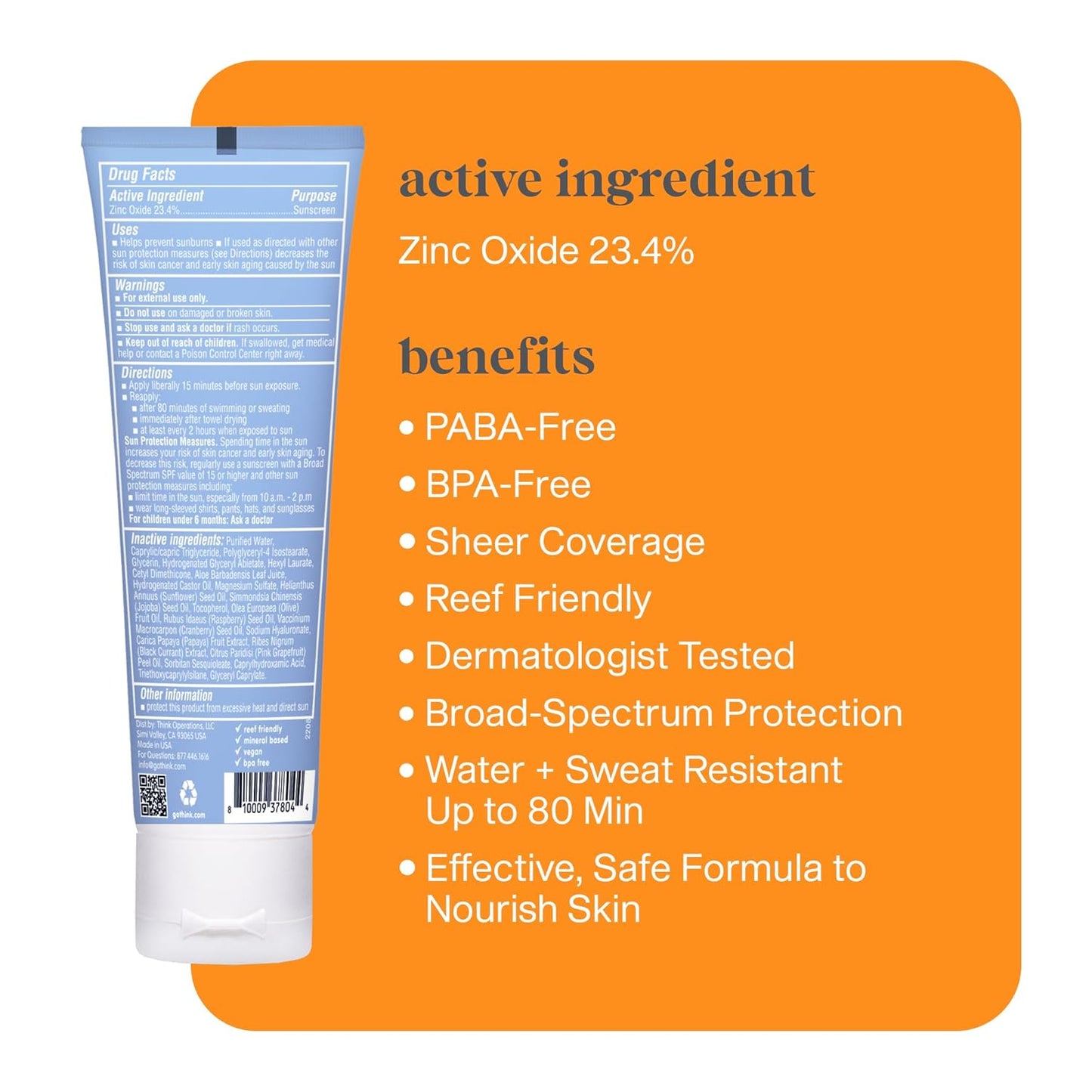 Thinksport Sunscreen, SPF 50+, Mineral Formula, 3 Fl Oz, Pack of 2.