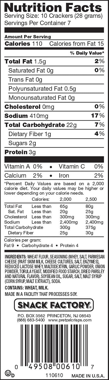 Snack Factory Garlic Parmesan Pretzel Crisps, 7.2 Oz., Case of 12