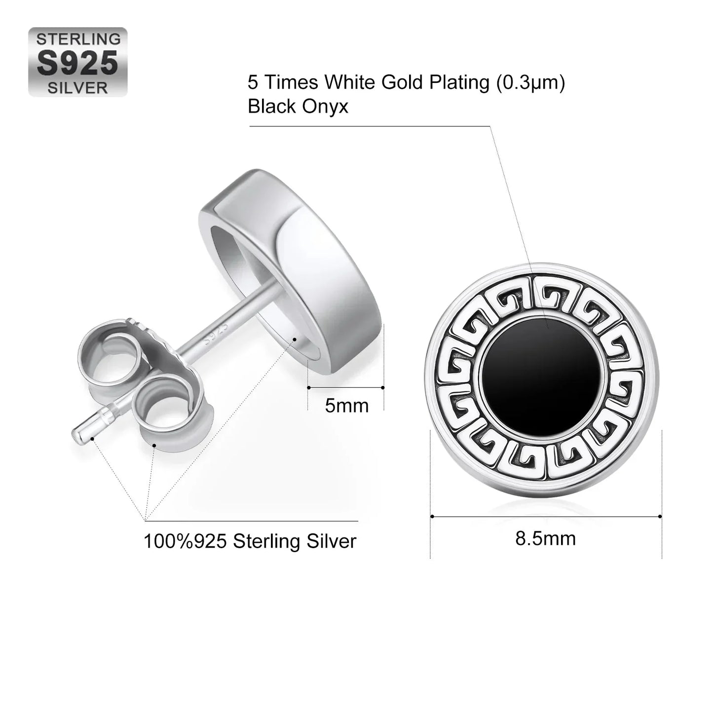 8.5mm Vintage Black Agate Round Diamond Stud Earrings in 925 Sterling Silver by Bling Proud | Urban Jewelry Online Store