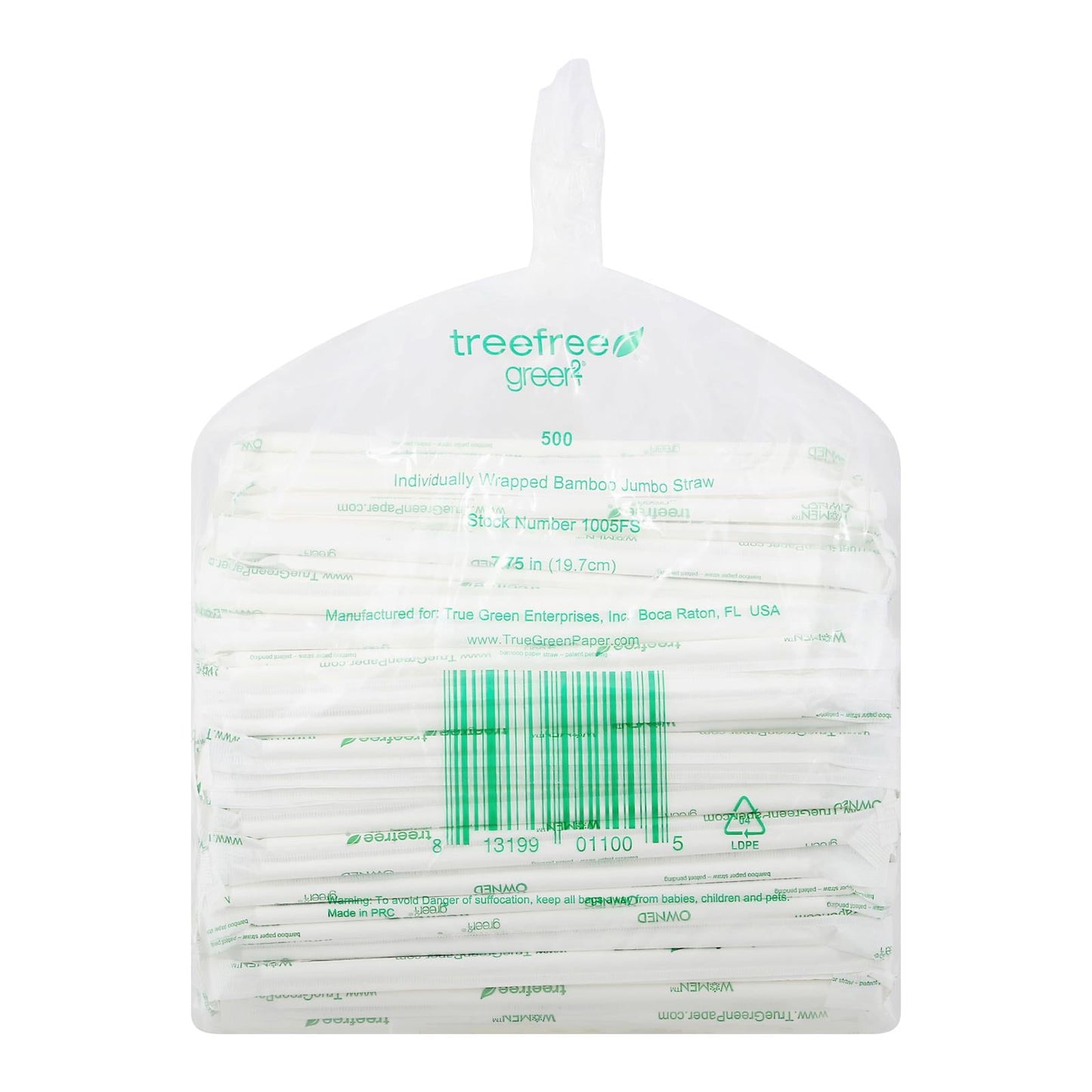 Green Bamboo Paper Straws, Wrapped, 500 Count Case of 10