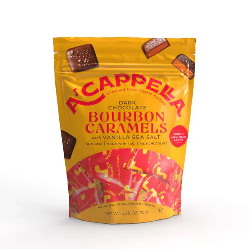 A’cappella Dark Chocolate Bourbon Caramels – Handcrafted Gourmet Confections, Pack of 6-3.25 Oz