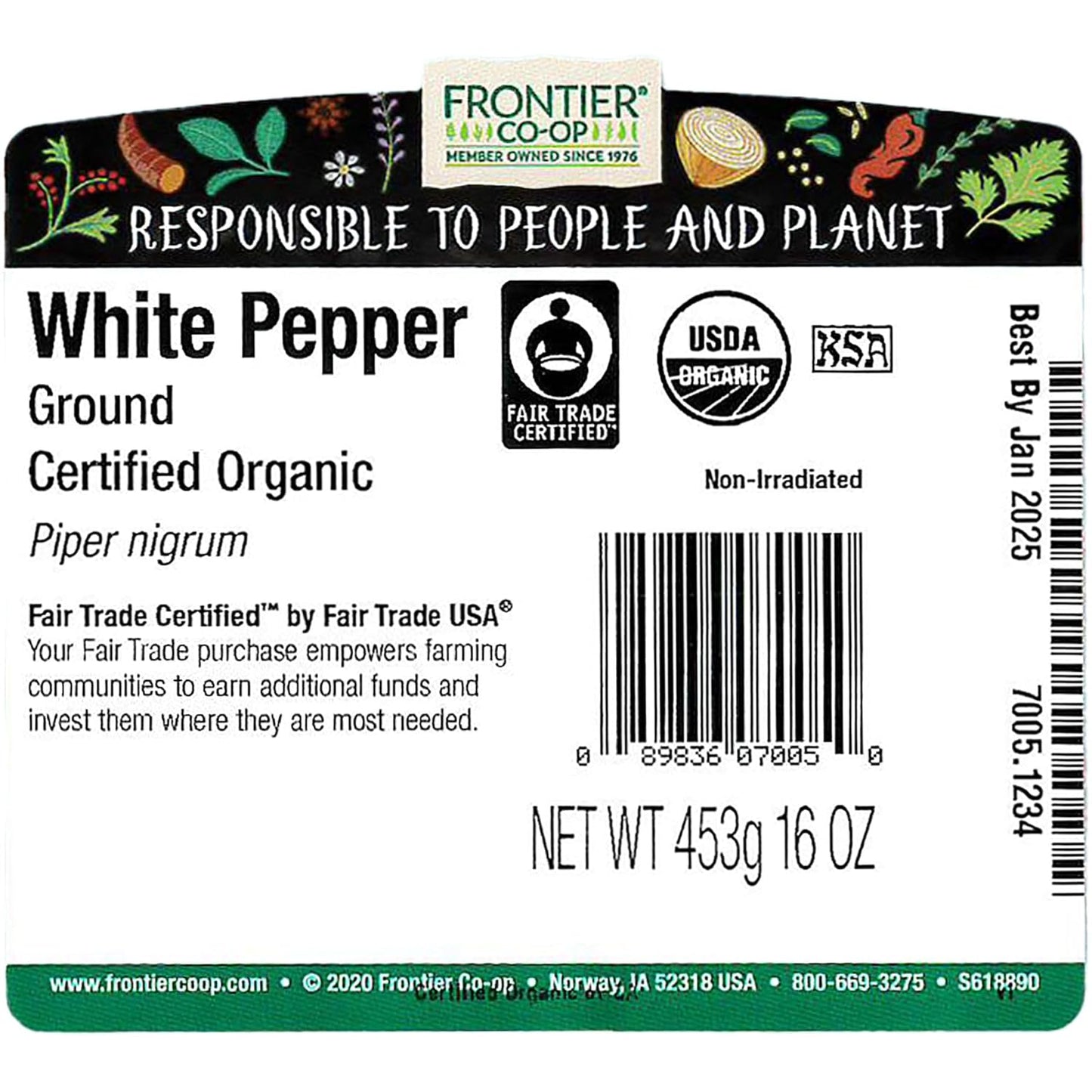 Frontier Herb Organic Ground White Pepper, 1 lb