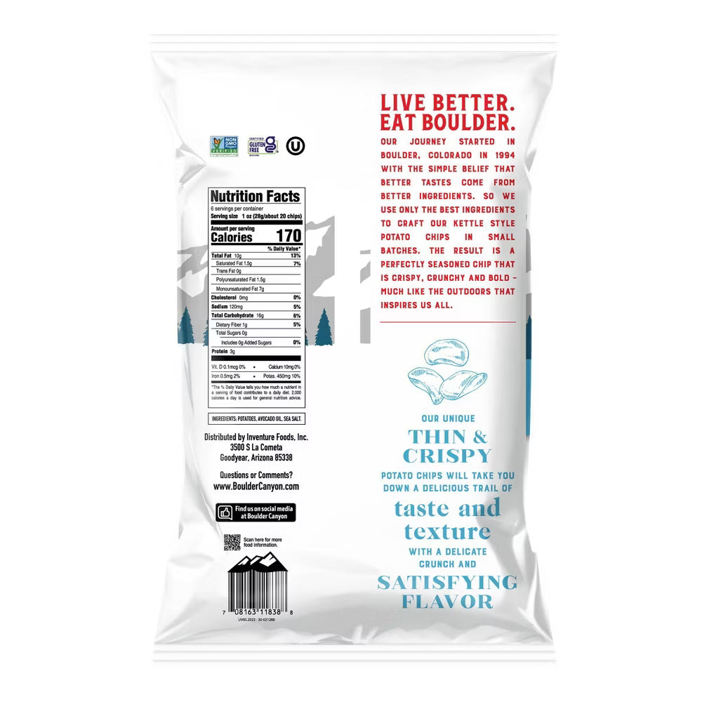 Boulder Canyon Avocado Oil Potato Chips, Sea Salt, 6 oz, Pack of 12
