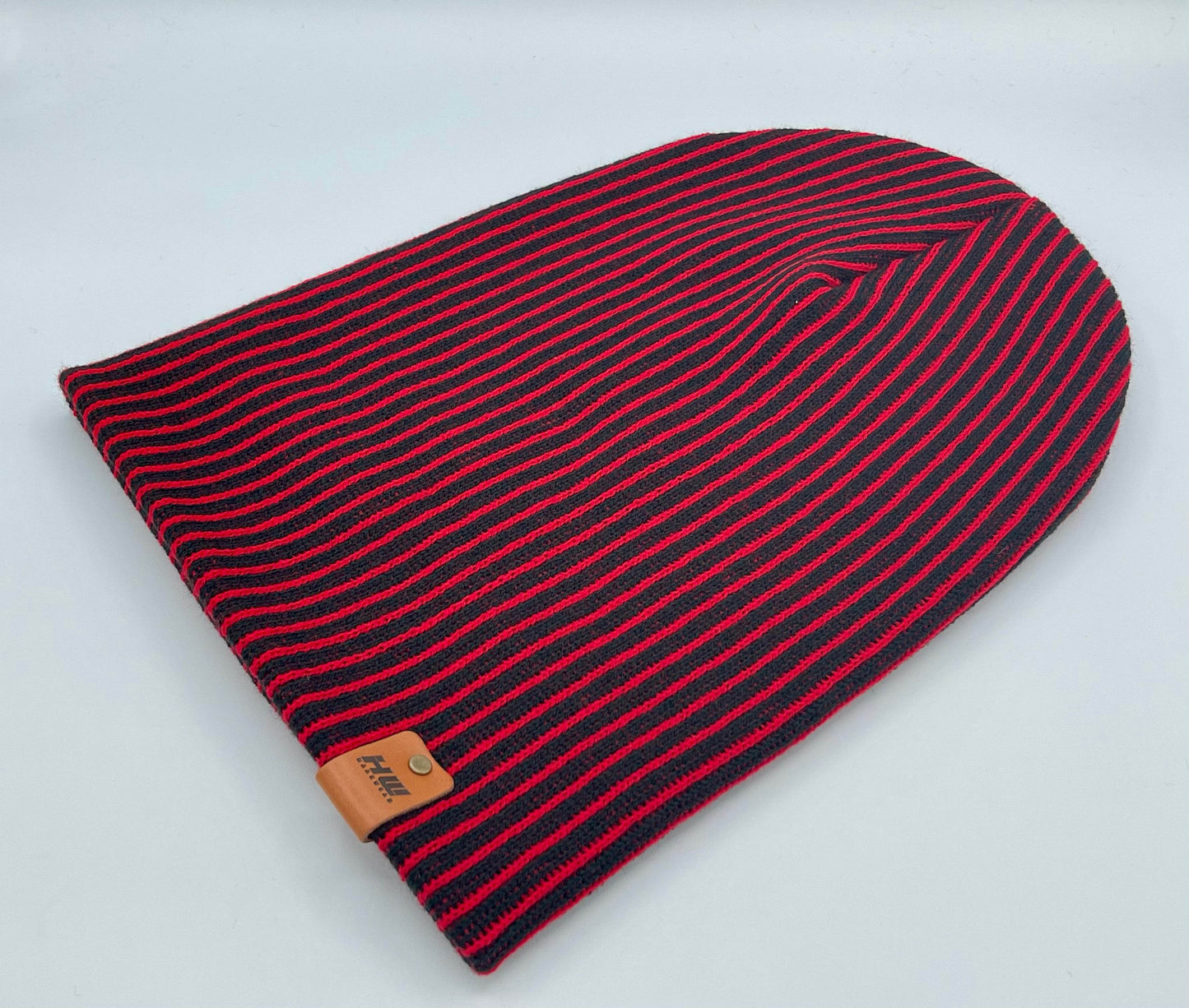 Haakwear Cuffed Wide Ribbed Striped Beanie, Contrast, Black and Red