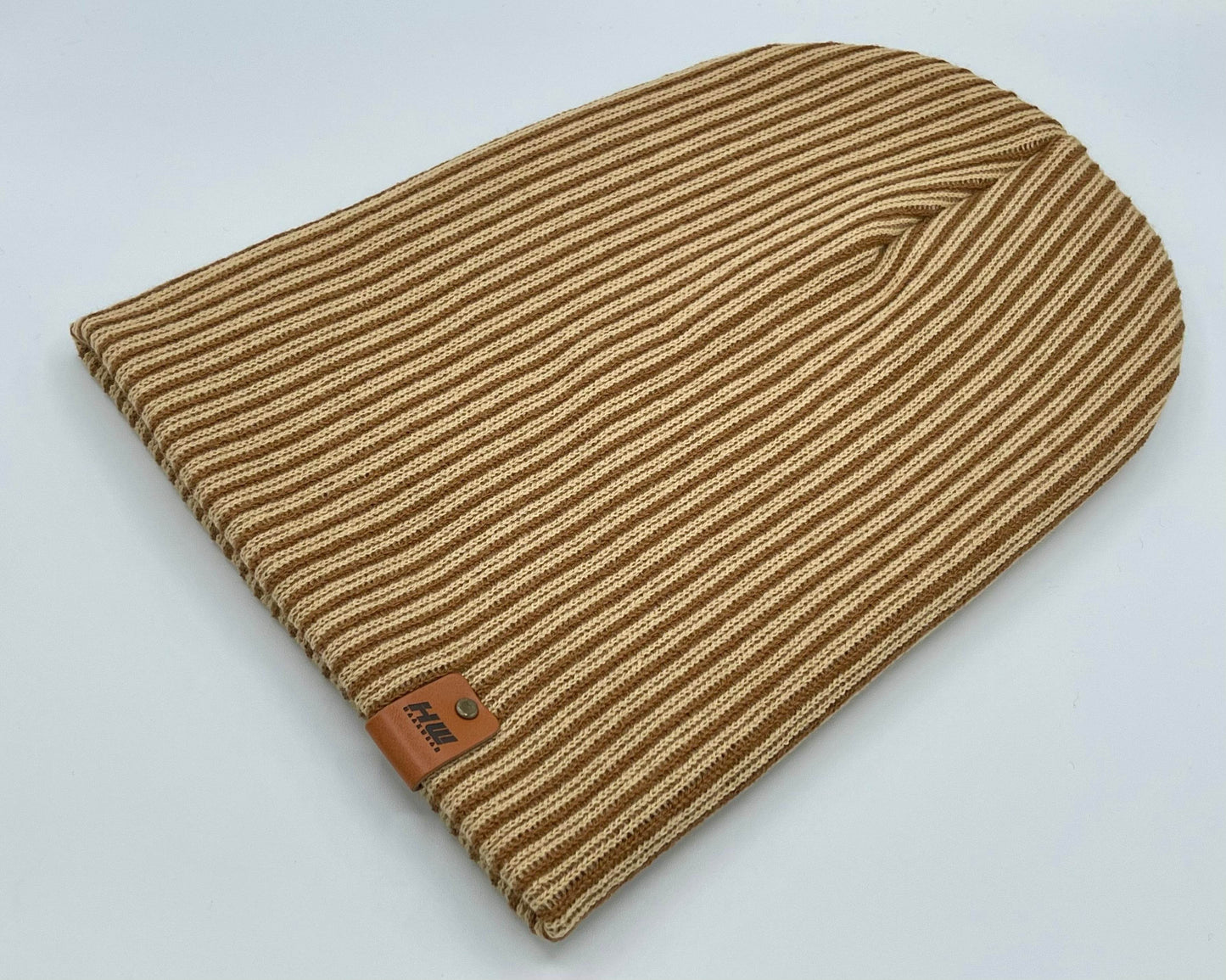 Haakwear Cuffed Wide Ribbed Striped Beanie, Contrast, Brown and Beige