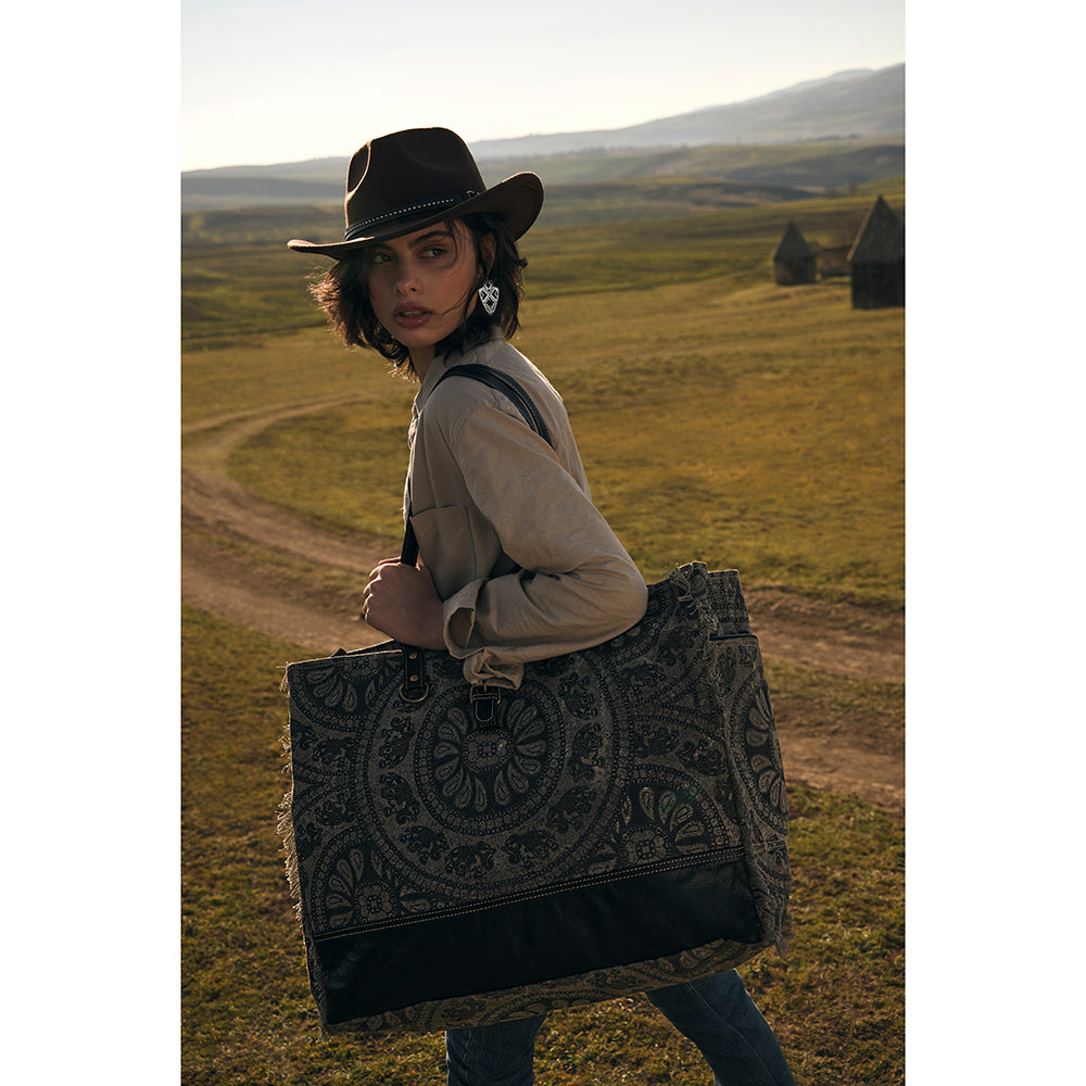 Myra Carmela Printed Canvas Weekender Bag – Leather Handles with Buckle Strap, Spacious Travel Tote for Western Getaways