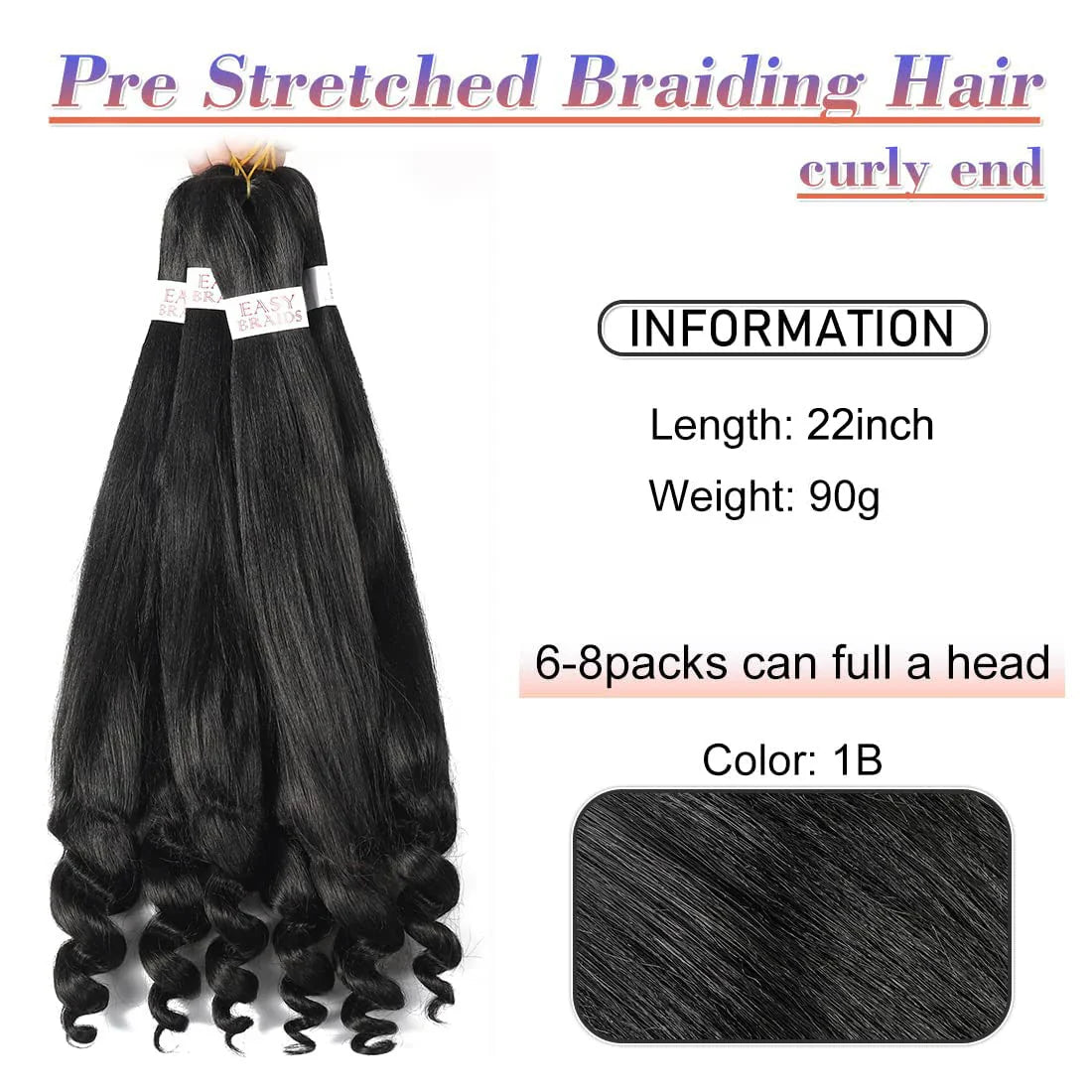 Pre-Stretched French Curly Braiding Hair - Natural Black Crochet Braids (Hot Water Setting)