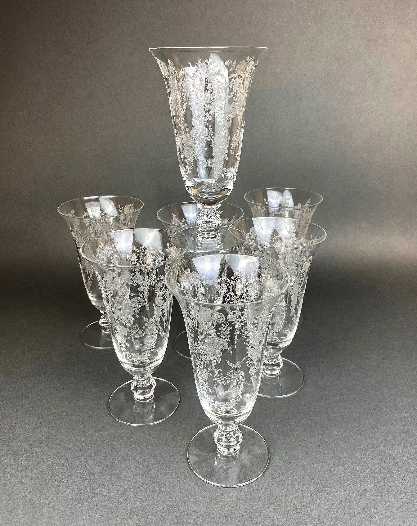 Etched Crystal Large Goblets. Set of 6 Oversized, Wine or Water Glassware. Persian Motif with Lotus. Collectible Stemware.