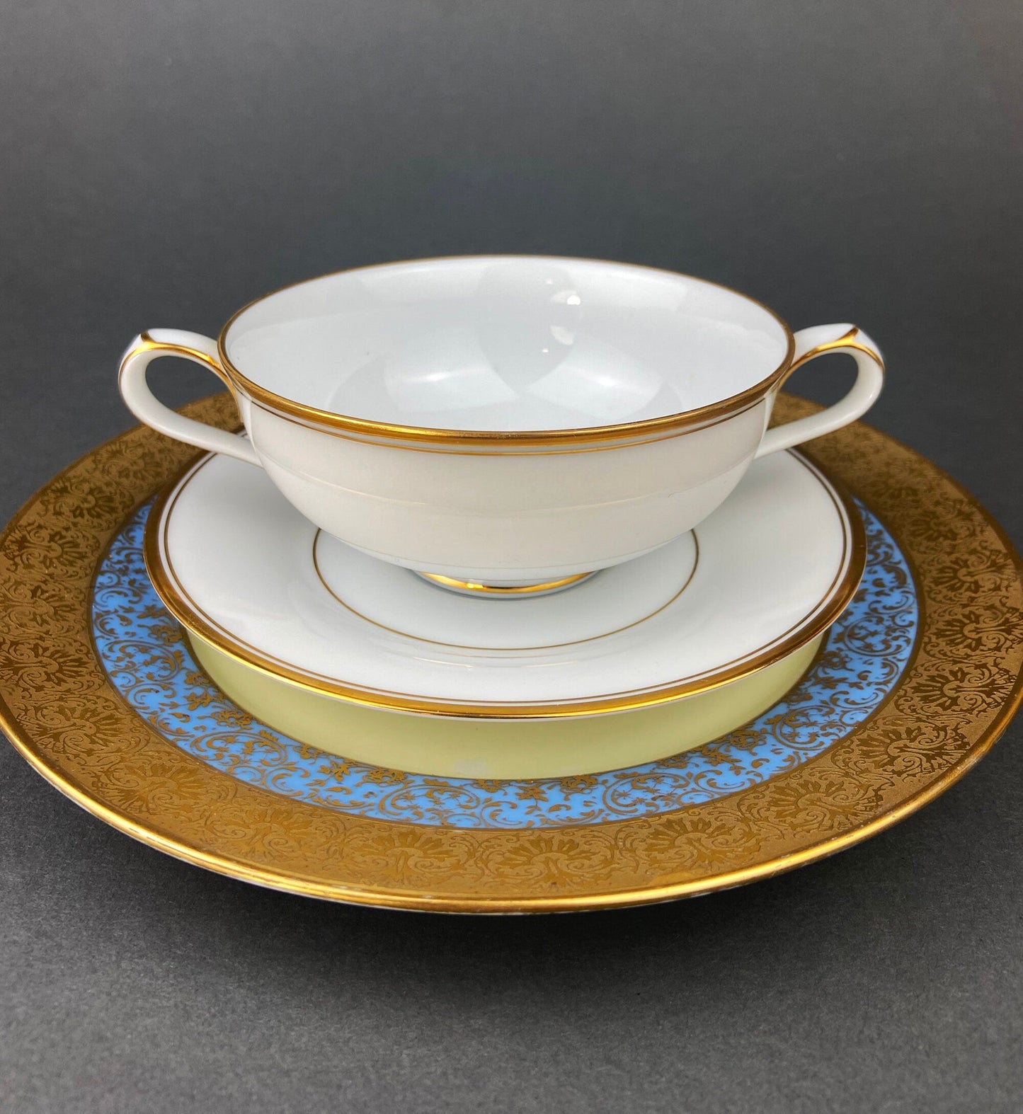 Antique Porcelain Bullion Bowls with Matching Square, 8.5" Dinner Plates. Set of 6. Flower Garlands, Sylvia by F&B Baronet China, Bohemia.