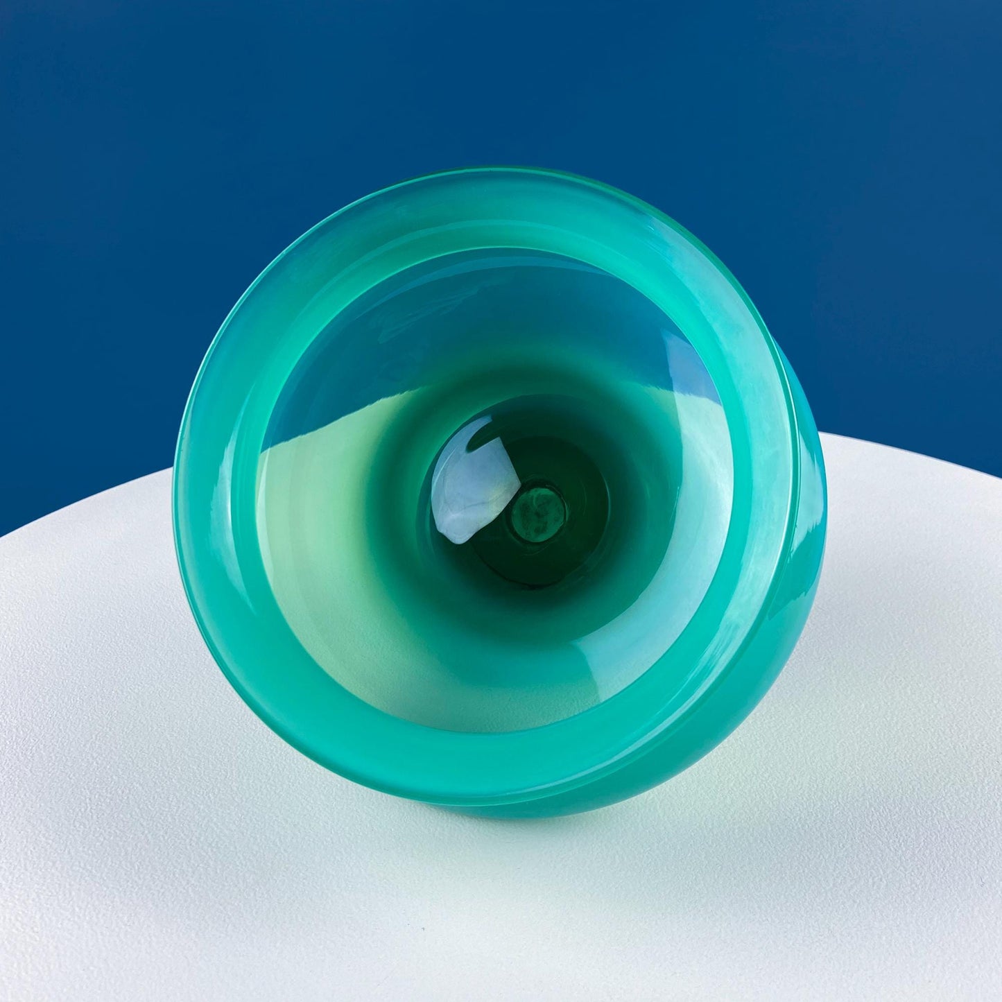 Blue Hand-Blown Glass Footed Vase. Large Goblet with Thumb Print Motif. Collectible Modern Glass. Home or Retail Decor. Interior Design Idea