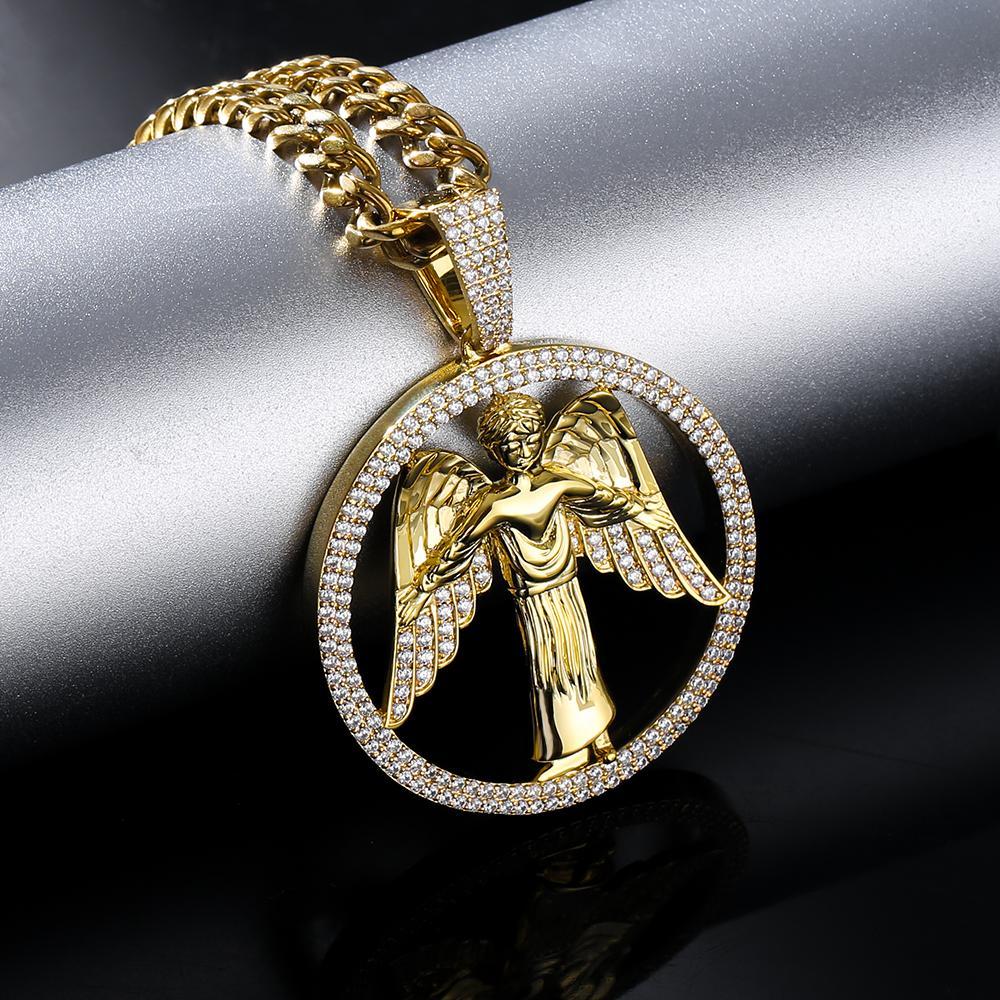 Round Shape Iced Angel Wing Pendant with14K Gold Plated by Bling Proud | Urban Jewelry Online Store