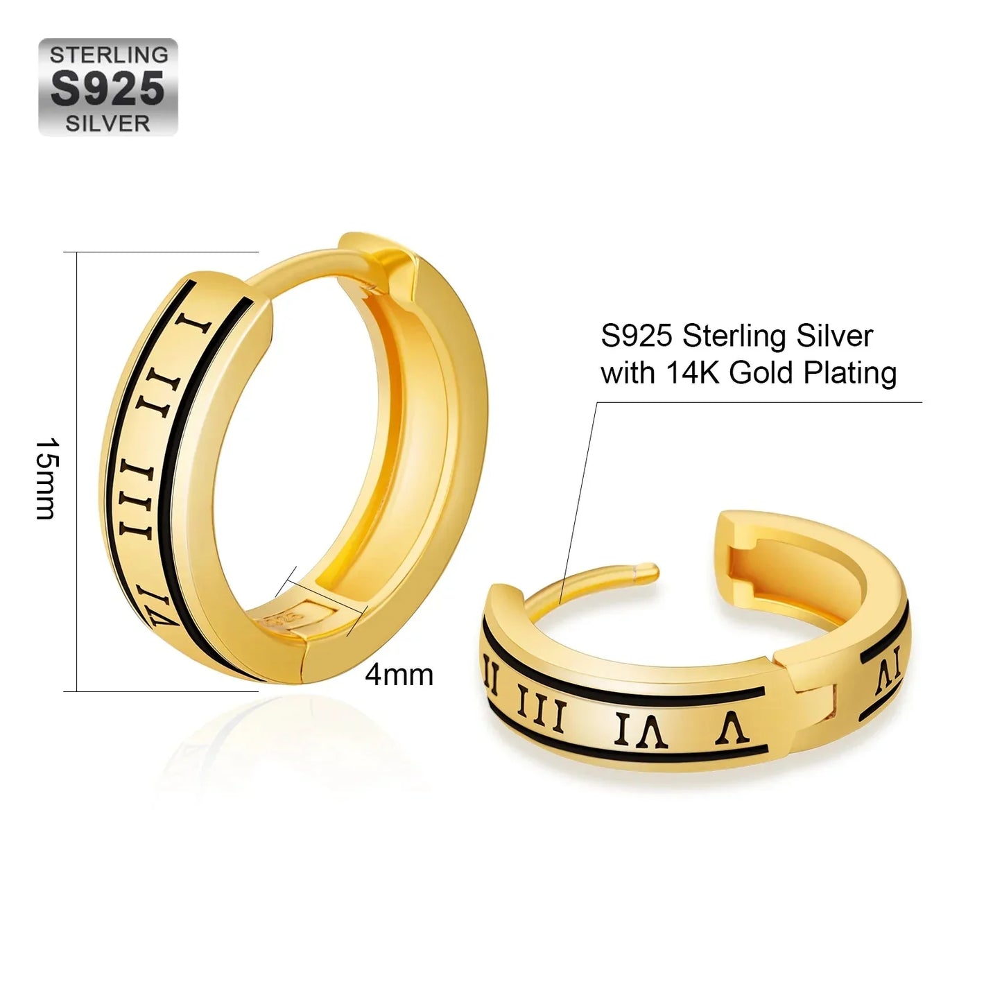S925 Silver Black Roman Numerals Hoop Earrings in 14K Gold - 15mm by Bling Proud | Urban Jewelry Online Store