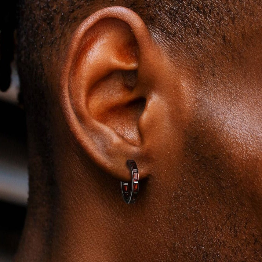 The Zeal® - 925 Sterling Silver Black & Red Ruby Diamond Men's Hoop Earrings by Bling Proud | Urban Jewelry Online Store