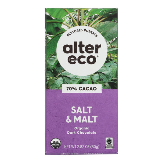 Alter Eco Organic Dark Salt & Malt Chocolate Bar - 2.82 Oz, Case of 12