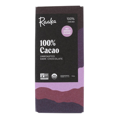Raaka 100% Cacao Chocolate Bar, Case of 12, 1.8 Oz Each