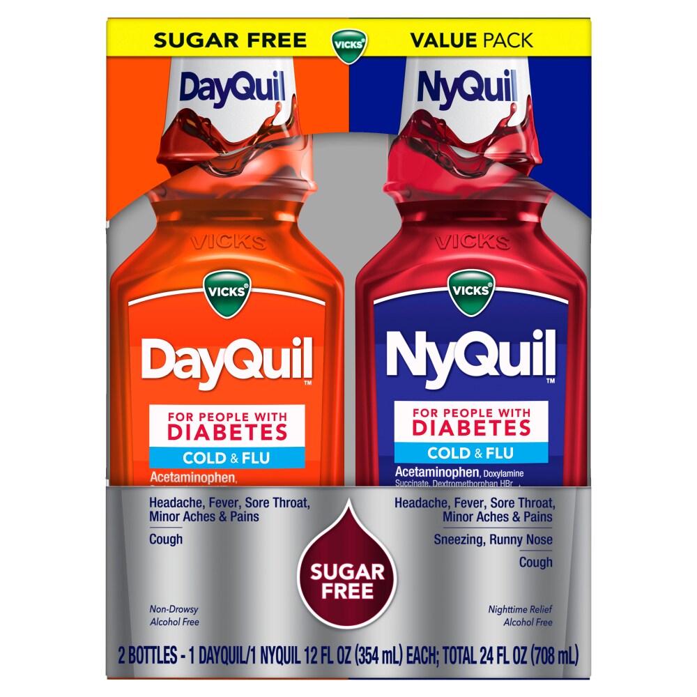 Vicks DayQuil /NyQuil  Cold & Flu Diabetes Sugarb Free Liquid Combo Pack 24 oz
