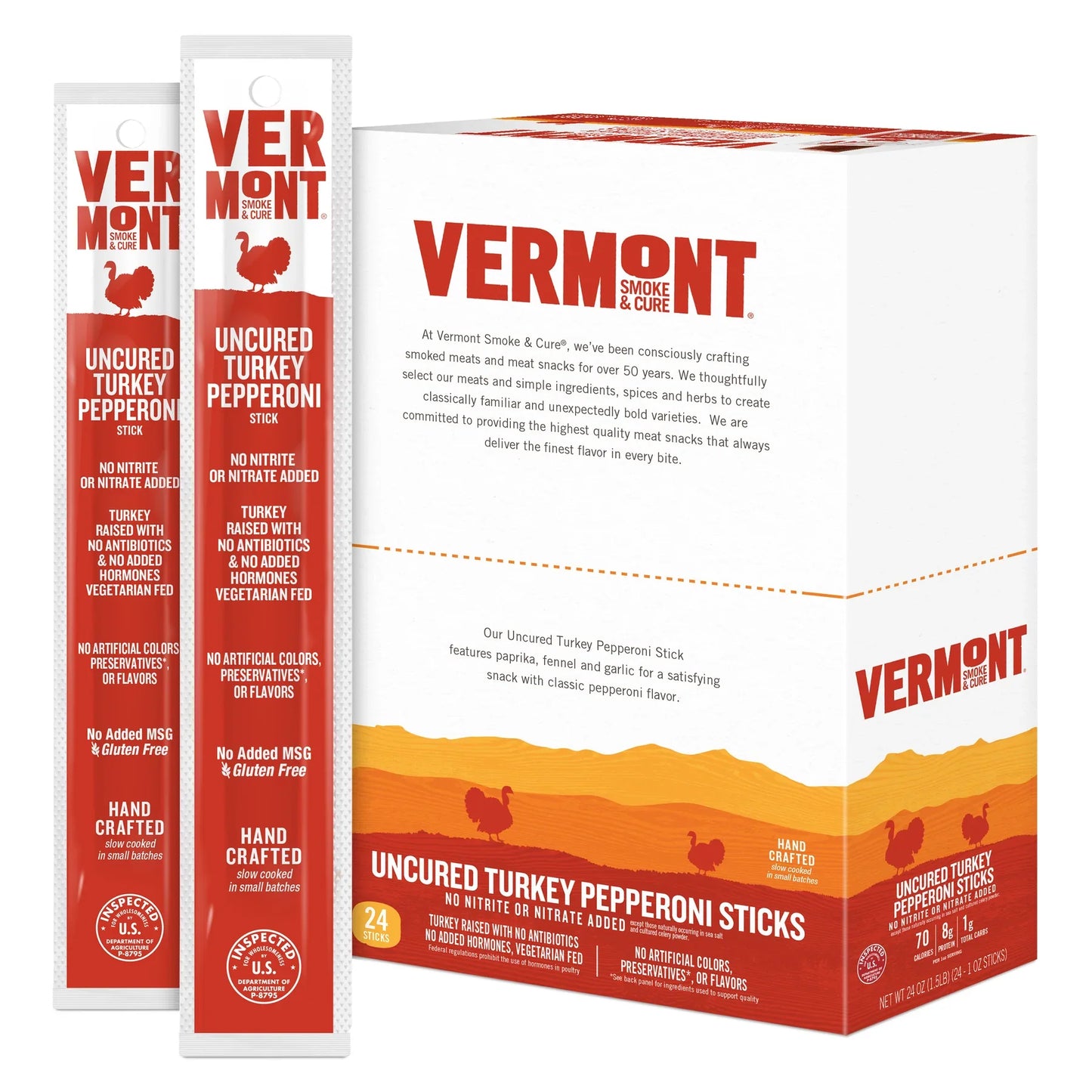 Vermont Smoke and Cure RealSticks Turkey Pepperoni, Lean Protein Snack, Case of 24, 1 oz