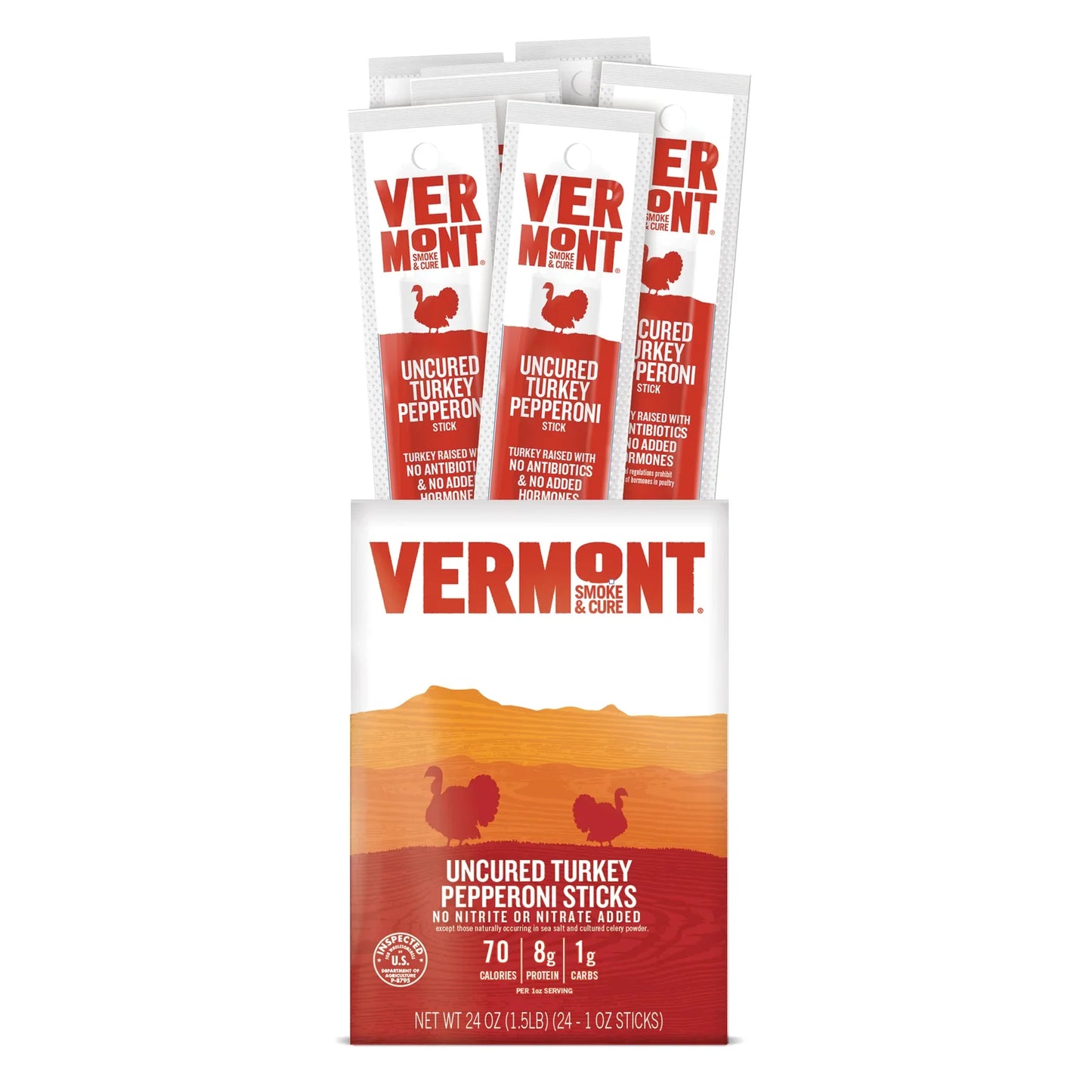Vermont Smoke and Cure RealSticks Turkey Pepperoni, Lean Protein Snack, Case of 24, 1 oz