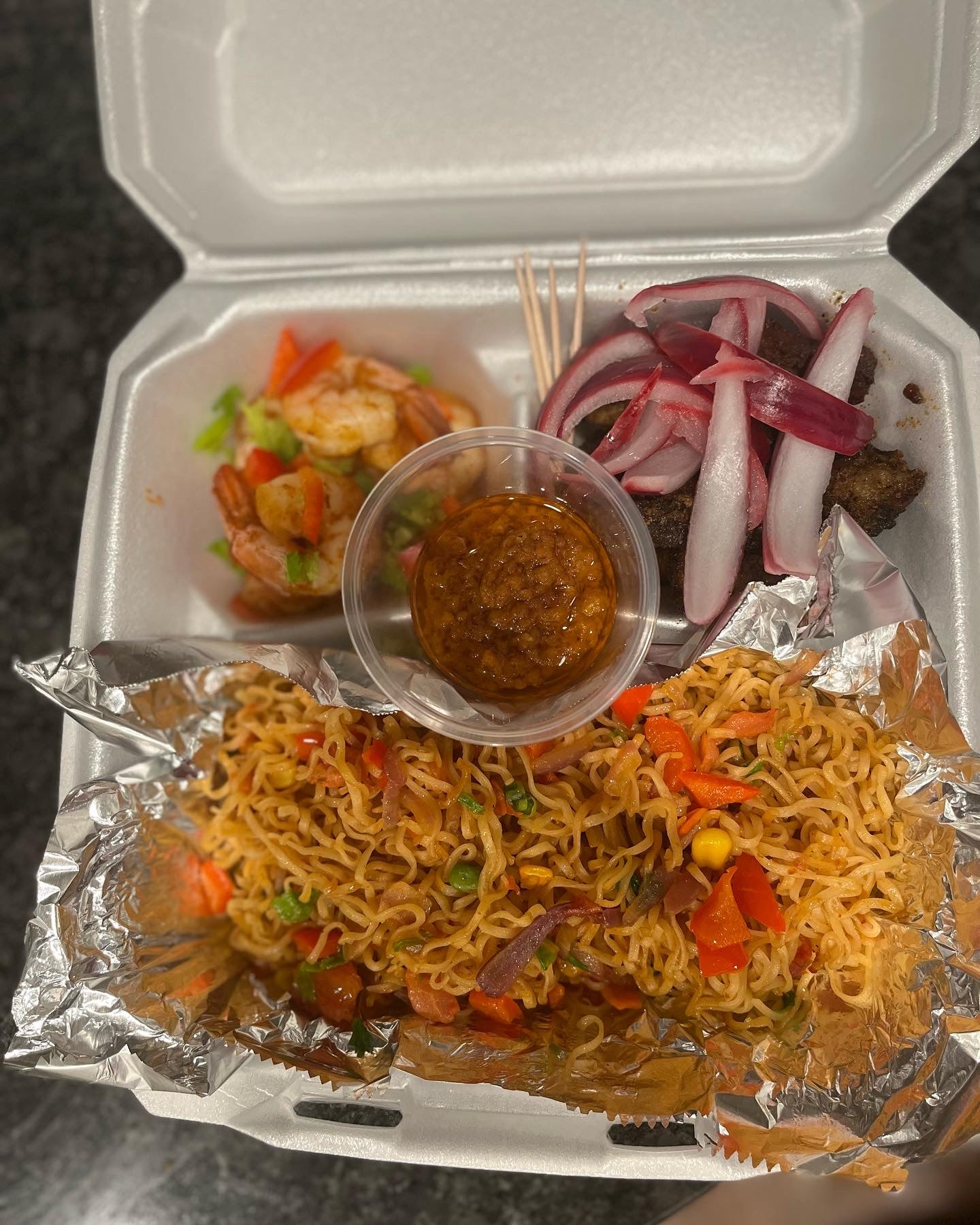 Noodles,Shrimps with Beef Suya