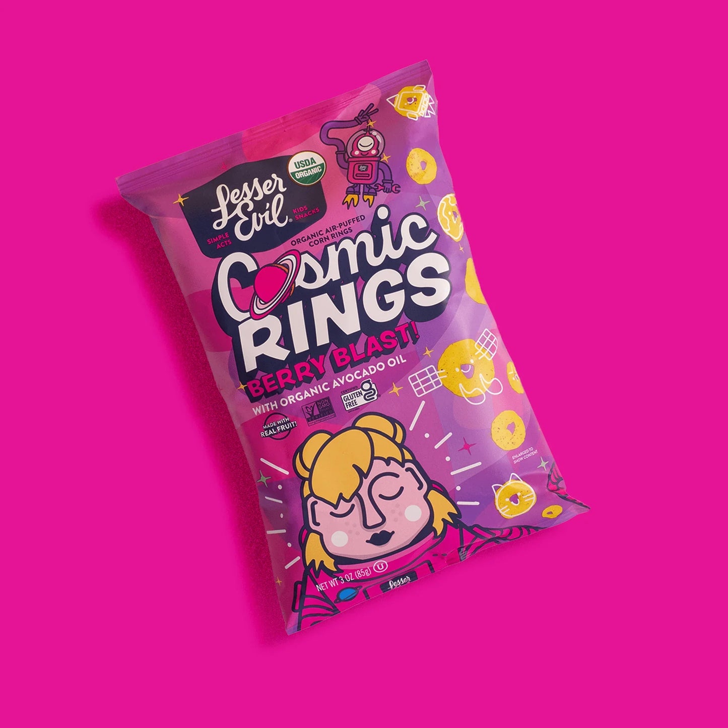 Lesser Evil Cosmic Rings - Organic Berry Blast, 3 oz (Pack of 4) - Healthy Kids Snacks