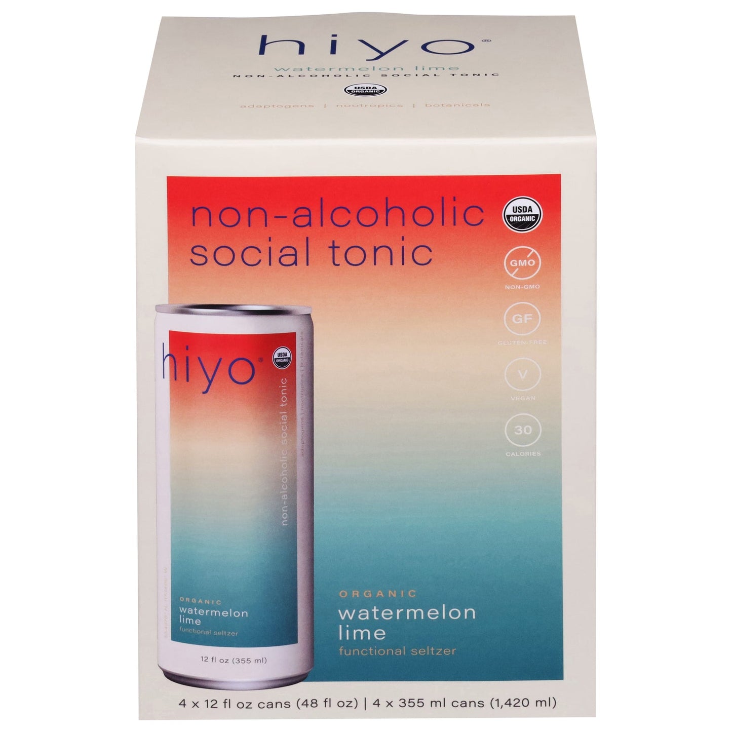 Hiyo - Organic Watermelon Lime Seltzer, 4/12 fl oz (Case of 6) - Vegan Adaptogen Drink