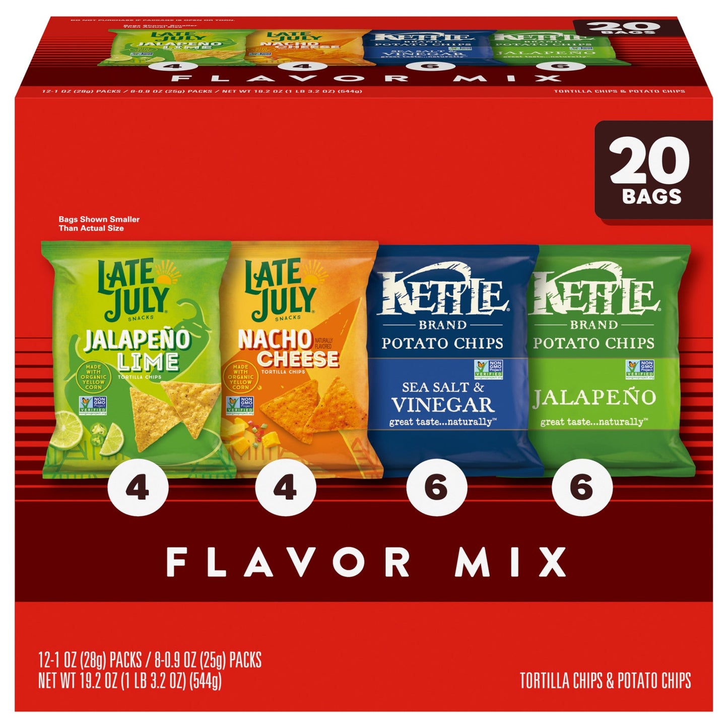 Late July Snacks Organic Tortilla Chips, OG3 Variety Pack, 20-Count Single Serve Bags (Pack of 4)