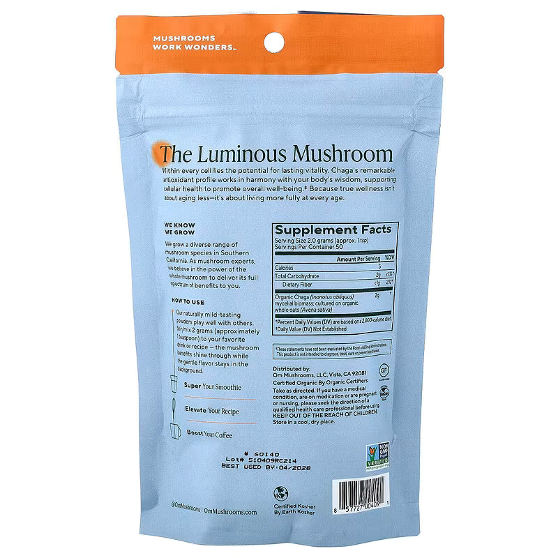 Om Mushroom Superfood Chaga Organic Mushroom Powder, 3.5 Oz., 50 Servings