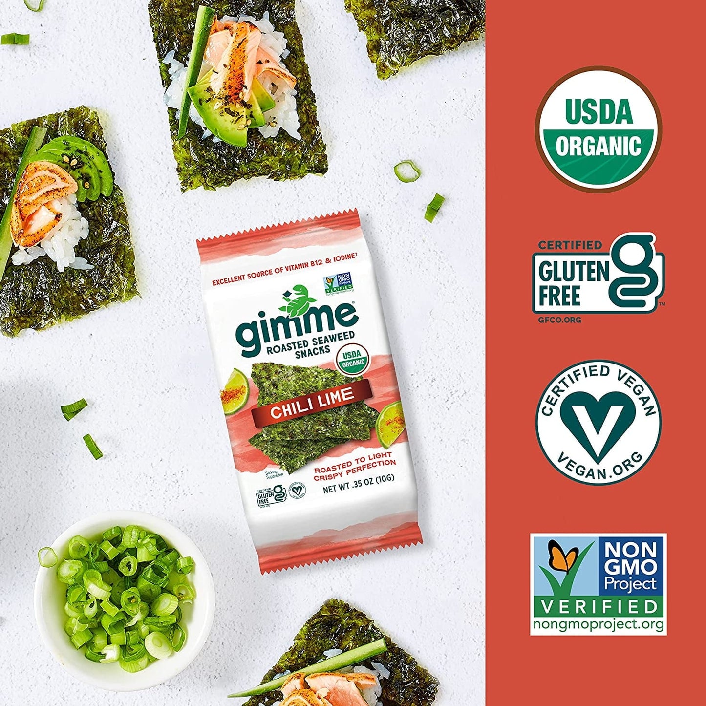 Gimme Organic Roasted Seaweed Snacks, Chili Lime, 12-Count, .35 oz Packs