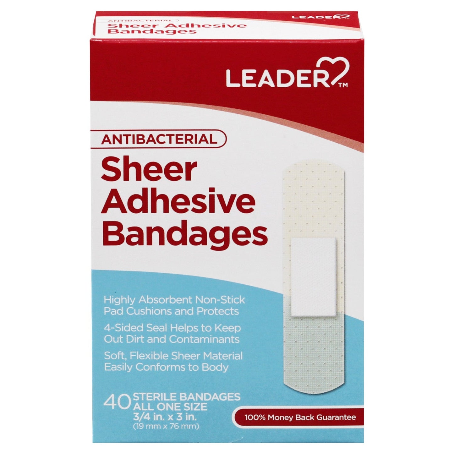 Leader Adhesive Bandages Sheer Antibacterial 0.75x3 In 40Ct