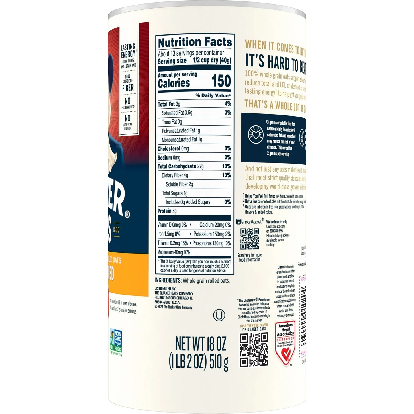 Quaker Old Fashioned Oats - 100% Whole Grain, Case of 12 (18 oz Each)