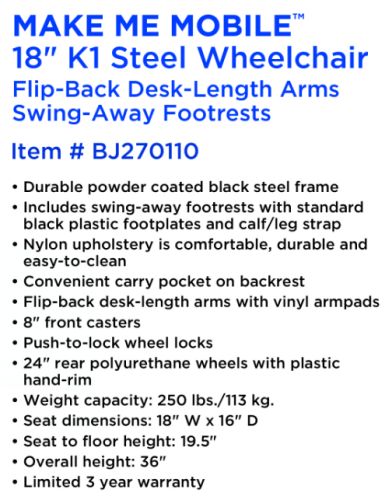 ROLL WITH ME 18" Standard Wheelchair with Flip-Up Desk Arms and Swing-Away Footrests