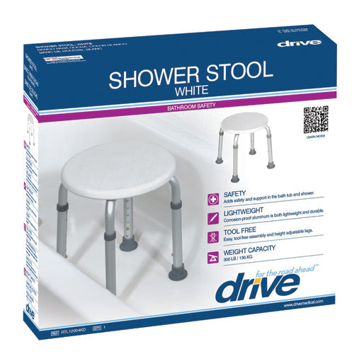 Drive Bath Stool - Round, White, Adjustable Height, Aluminum Frame, 300 lb Capacity