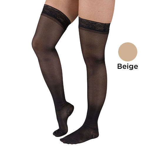 Ladies' Sheer Beige Thigh High Compression Stockings 15-20 mmHg with Stay-Up Top