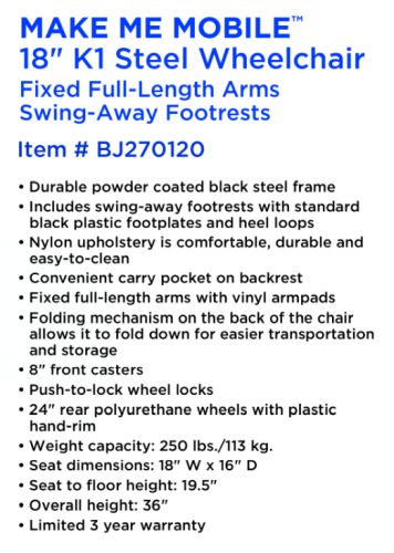 ROLL WITH ME 18" Wheelchair - Fixed Arms, Swing-Away Footrests - Standard K1 Model
