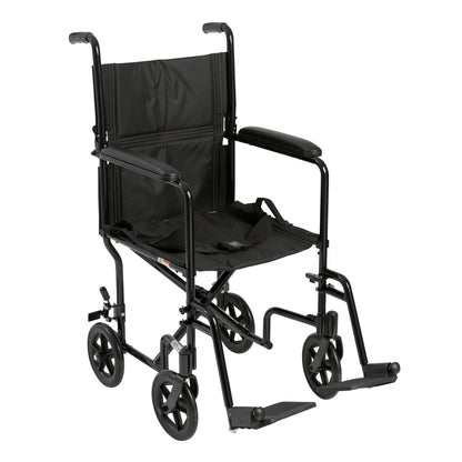 Lightweight Transport Wheelchair, Black, 17" Seat - Aluminum Frame, Foldable