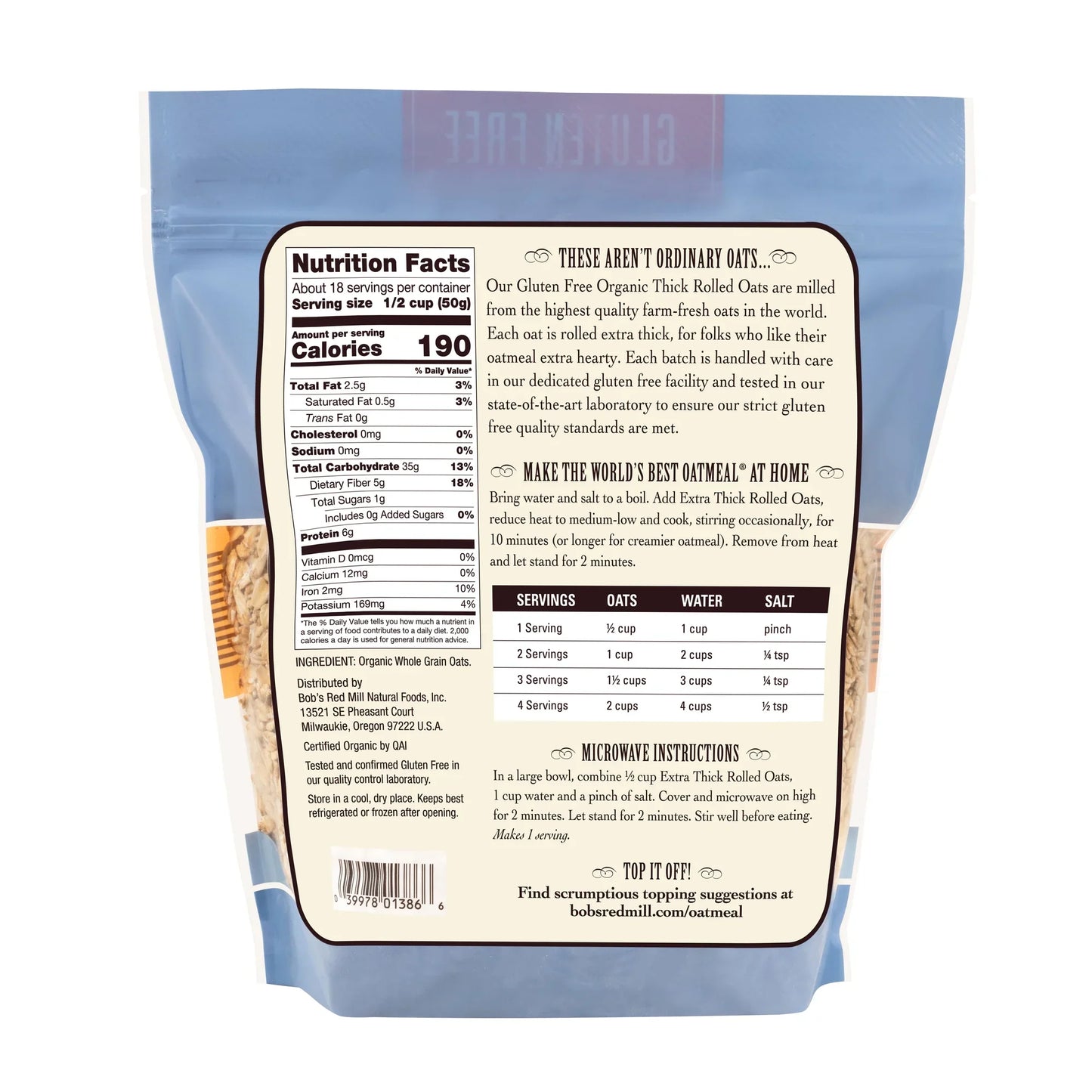 Bob's Red Mill Organic Thick Rolled Oats, Gluten-Free, Case of 4, 32 oz