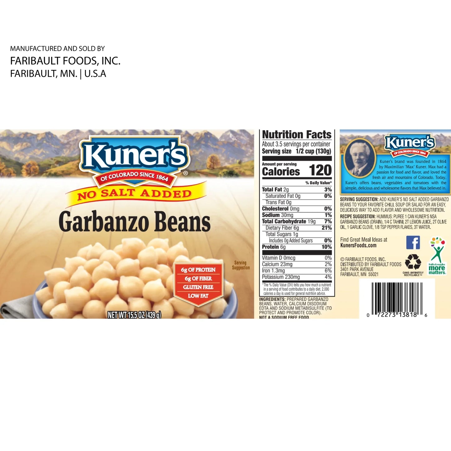 Kuner No Salt Added Garbanzo Beans, 15 Oz., Case of 12