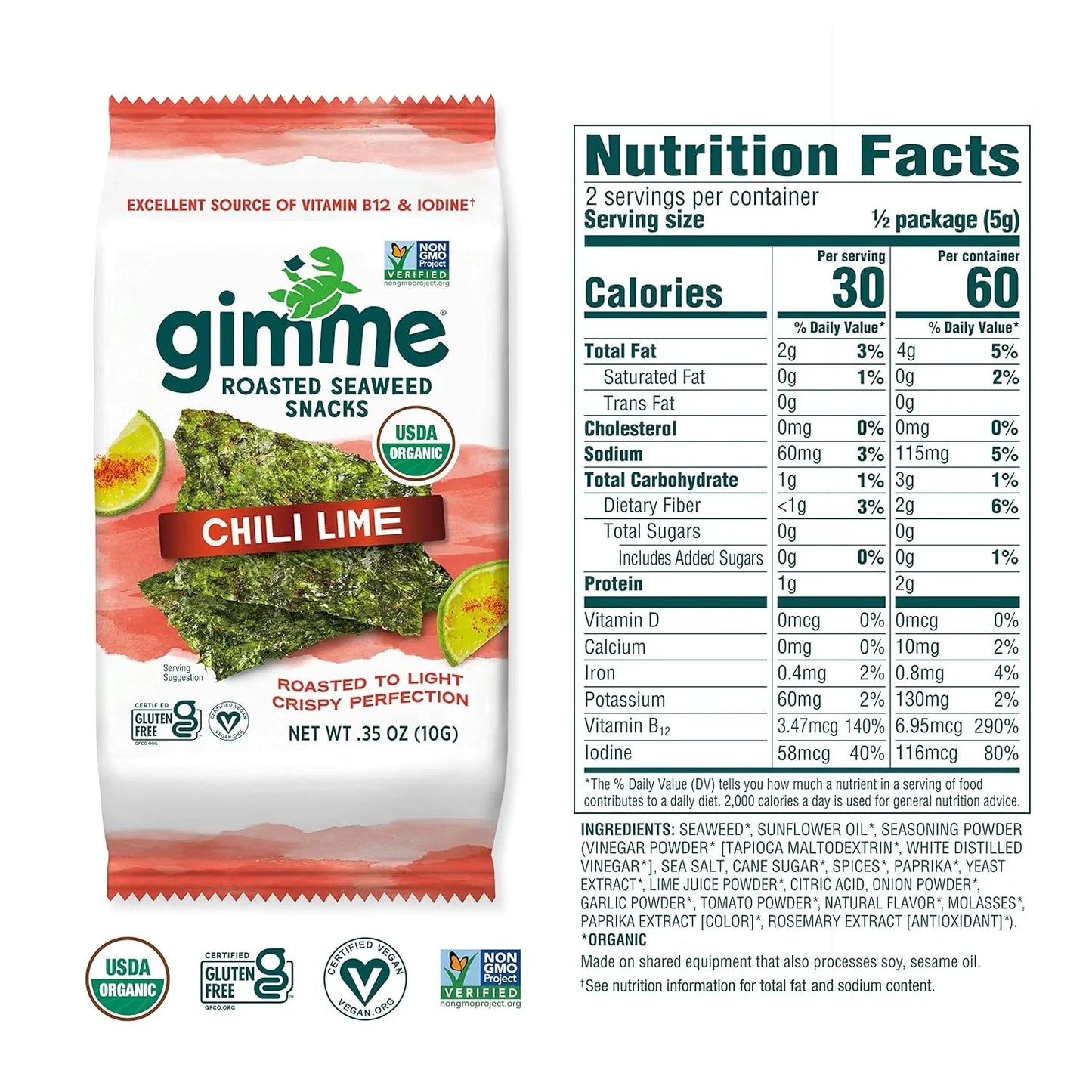Gimme Organic Roasted Seaweed Snacks, Chili Lime, 12-Count, .35 oz Packs