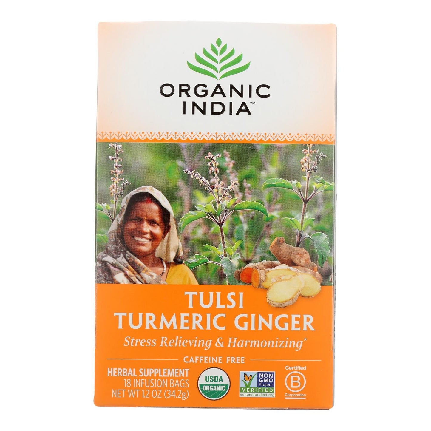 Organic India Tulsi Turmeric Ginger Tea, 18 Tea Bags, Pack of 6