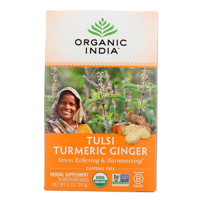 Organic India Tulsi Turmeric Ginger Tea, 18 Tea Bags, Pack of 6