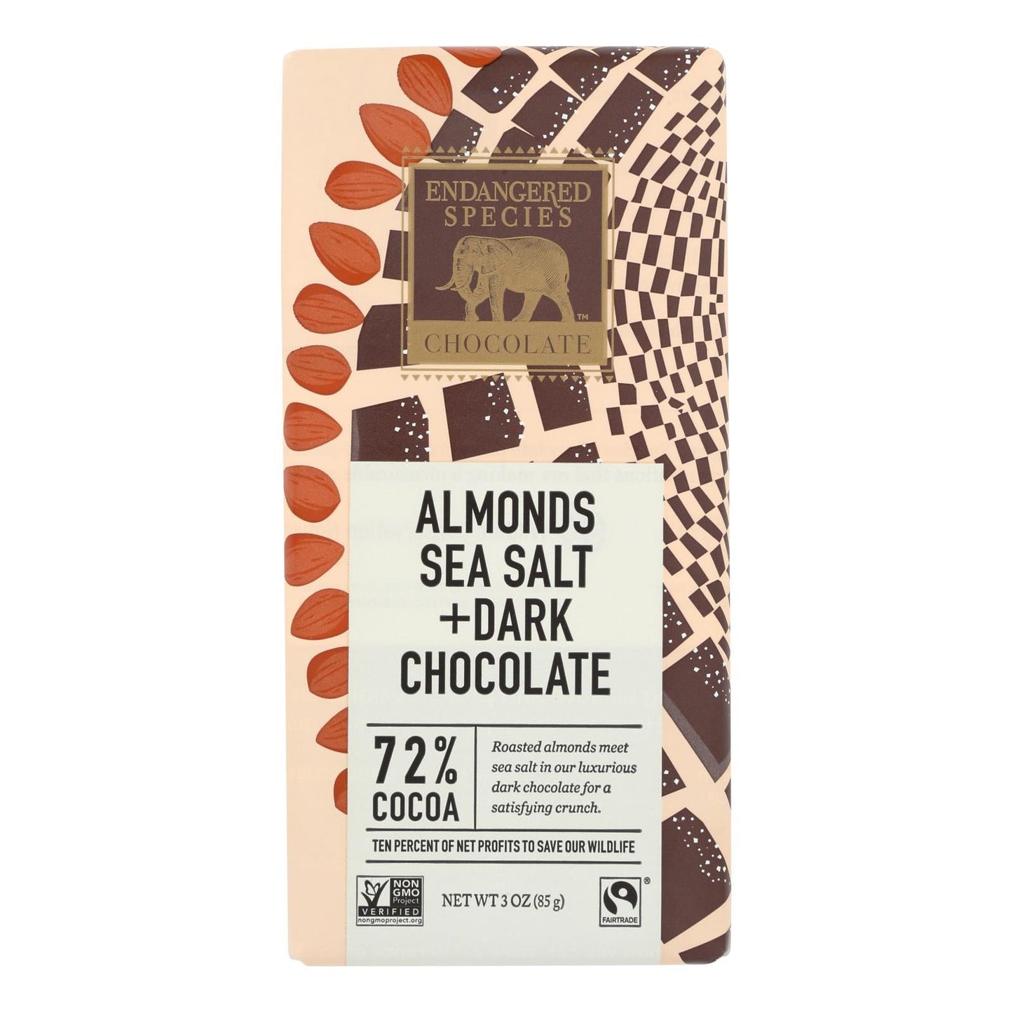 Endangered Species Natural Chocolate Bar (Pack of 12) - Dark Chocolate 72% Cocoa with Sea Salt and Almonds, 3oz Bars